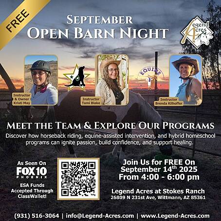 Join us Aug 3 in Wittmann, AZ for free horse demos, giveaways & ESA education. For veterans, teachers, & families. As seen on FOX 10 Phoenix.